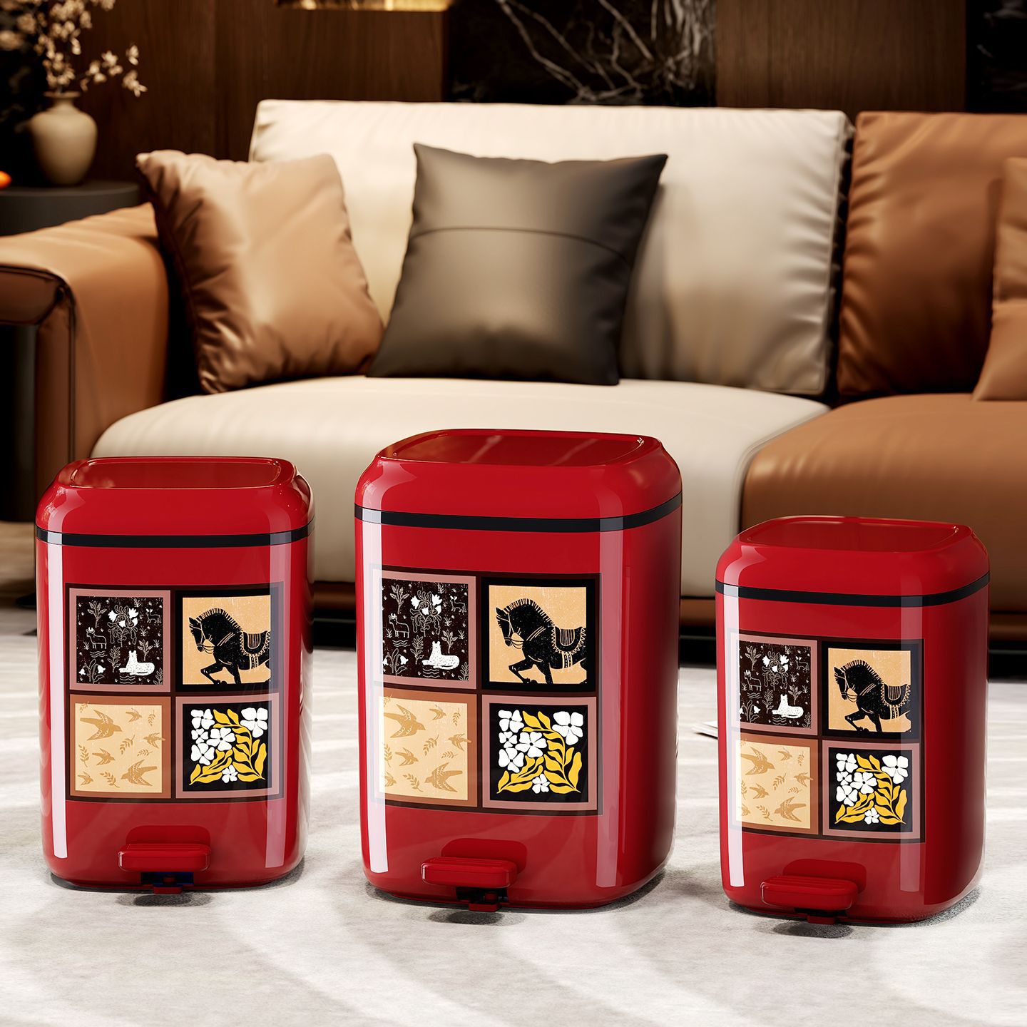 Chinese-style trash can, household living room garbage bin, high appearance level, large capacity, bathroom foot-operated covered storage bucket Specification image