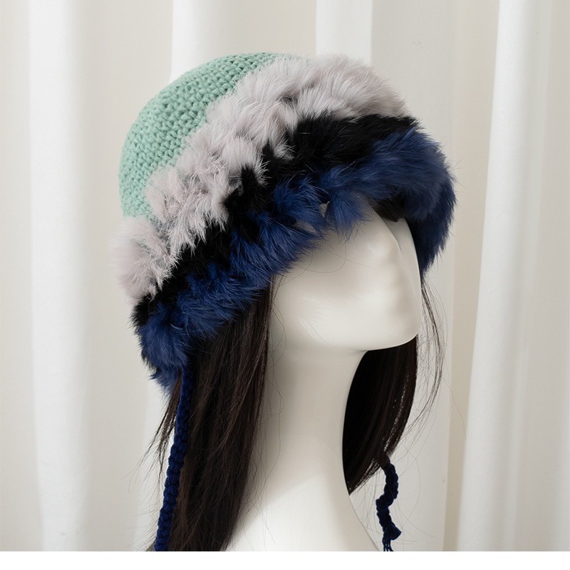 Factory direct sales of custom-made rabbit fur hats, woolen hats, fur headscarves, warm plush knitted hats and ear protectors details Picture
