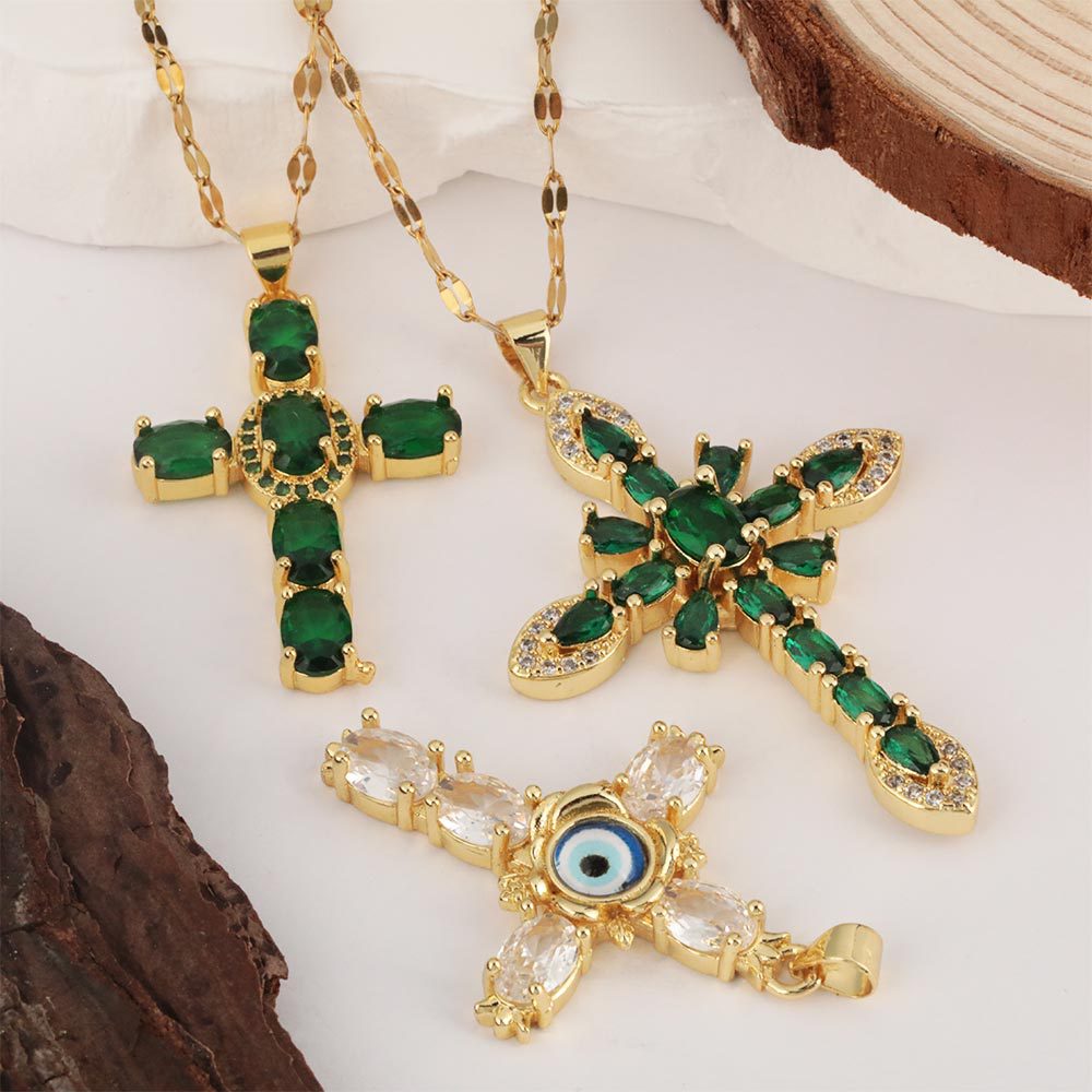 Cross-border Honglu copper micro-inlaid zircon European and American colored cross pendant, versatile and elegant lip chain wholesale details Picture