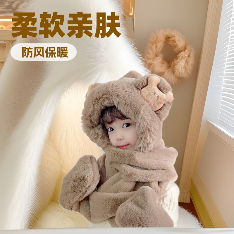 One-piece consignment of children's three-piece hats, winter cute girls' scarves, gloves, one-piece hats, baby fleece and thickened plush warmth, wholesale from street stalls