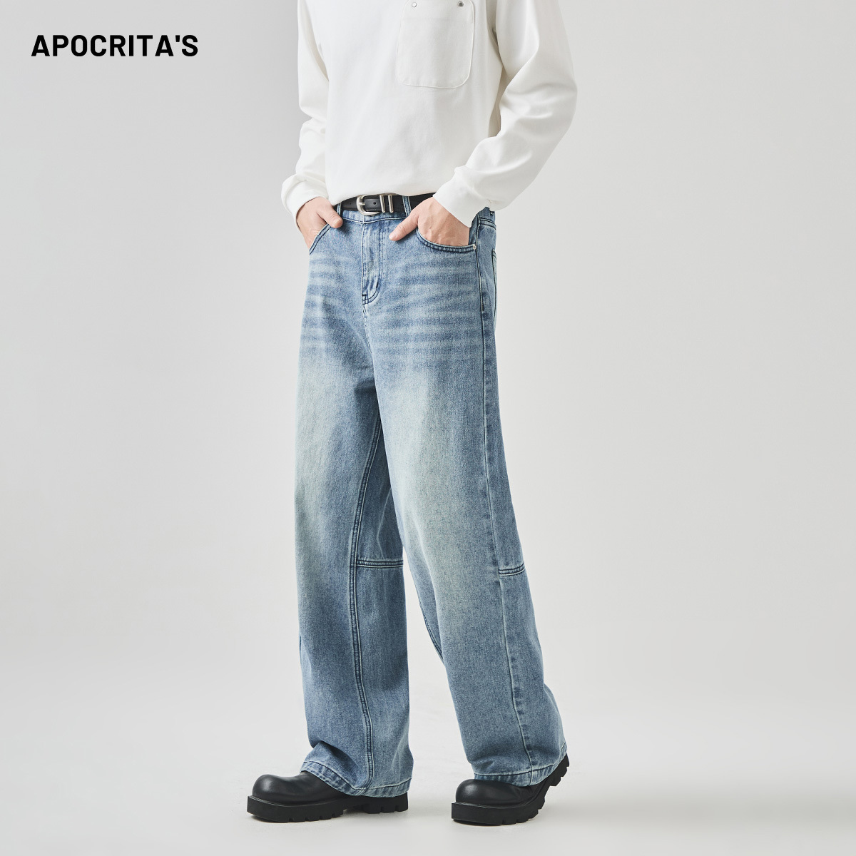 APO Men's Wear: Cross-border Men's jeans for autumn, American high street loose straight leg, trendy and versatile, patchwork long pants
