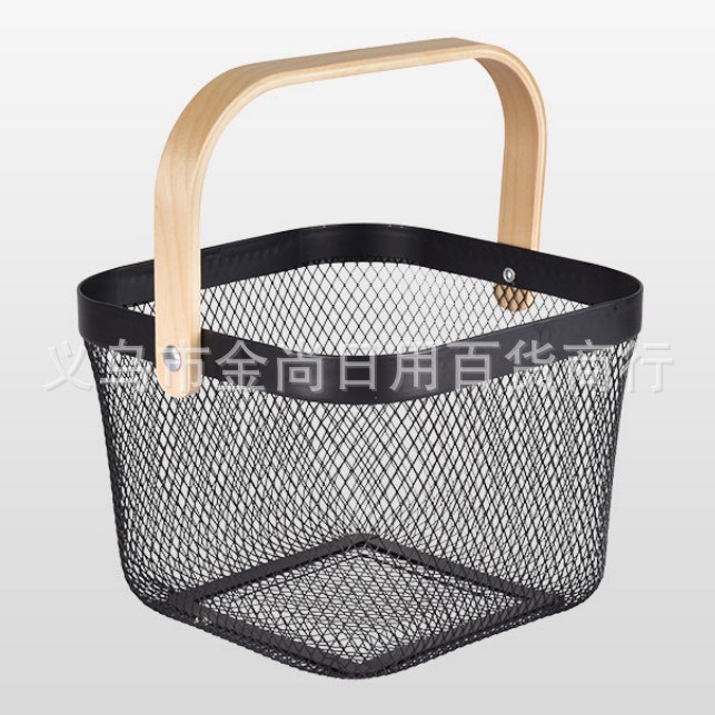 家用铁艺镂空收纳篮木柄手提篮手提果蔬篮浴室厨房多功能收纳篮产品图