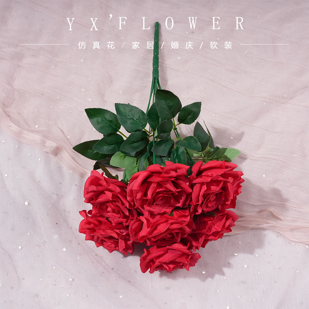 仿真9头钻石玫瑰假花束人造绢花婚庆地排花塑料花高级感婚礼布置细节图