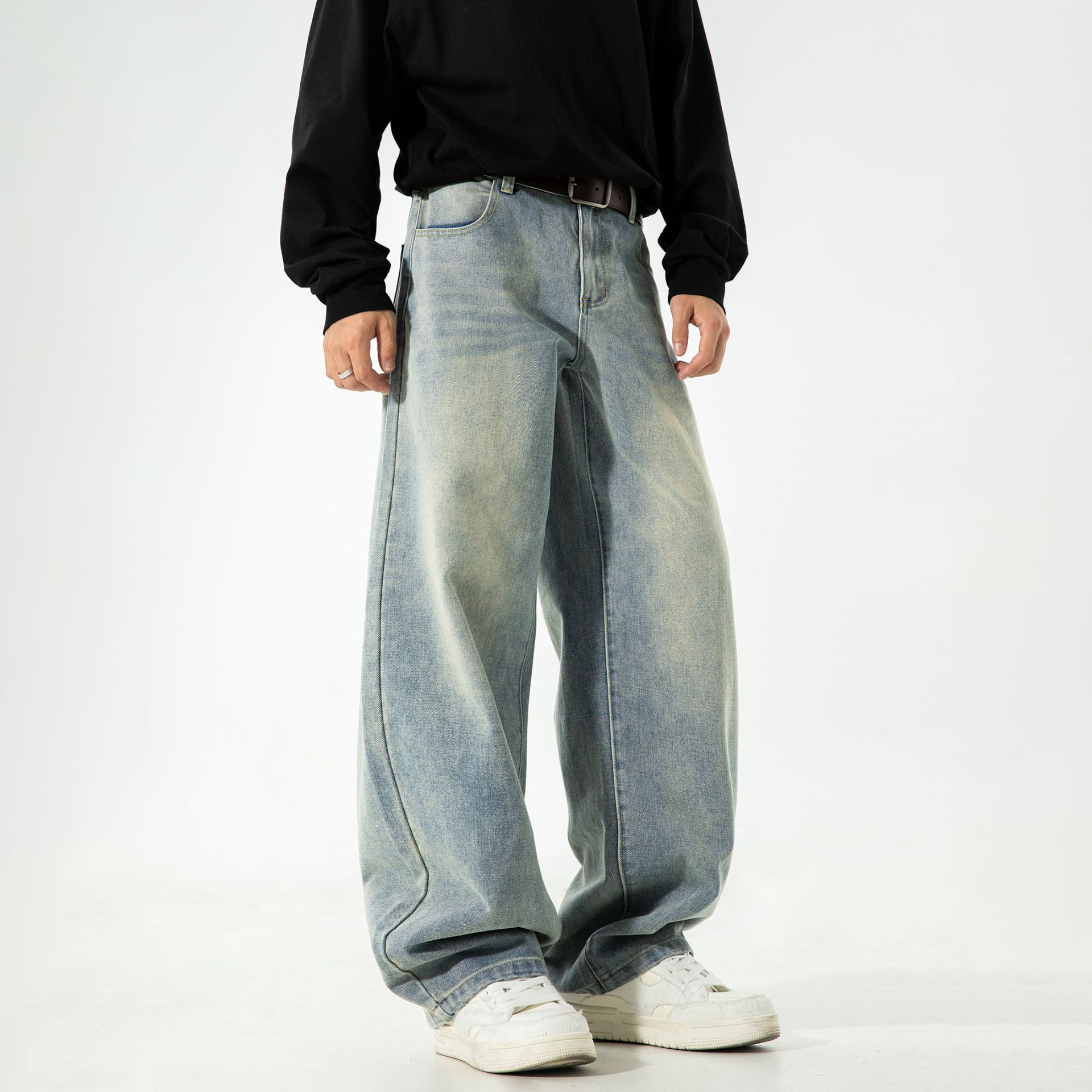 American retro silhouette jeans for men, autumn high street washed distressed trendy straight-leg pants with a loose and long texture Specification image