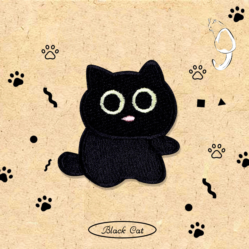 Cartoon little black cat embroidery patch, hand journal, DIY mobile phone decoration, schoolbag, Longxiang self-adhesive paper, clothes patch Specification image