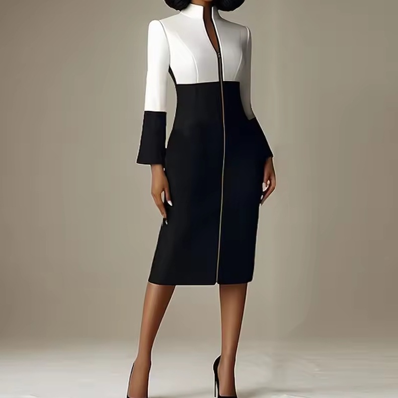 A new cross-border fashion, elegant and stylish black lapel casual long-sleeved single-breasted patchwork mid-length bandage dress full figure