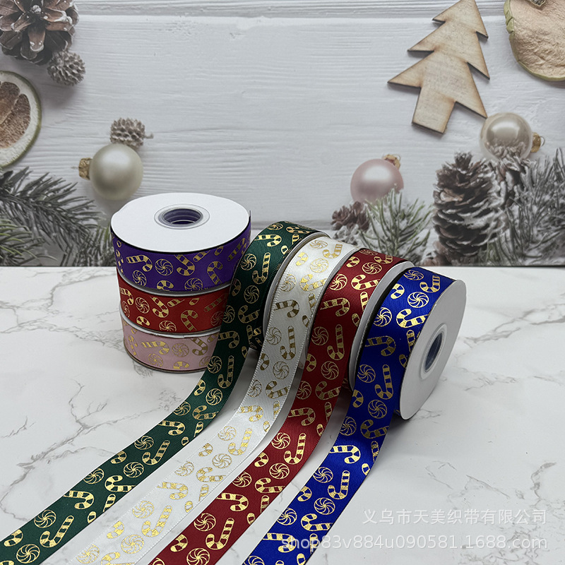 New Christmas ribbon 2.5CM gold embossed Christmas gift box, colorful ribbon, silk ribbon, Christmas accessories, heat set and embossed