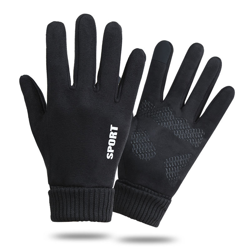 N034男士保暖手套冬季户外触屏骑行护手男麂皮绒防风防寒手套德绒
