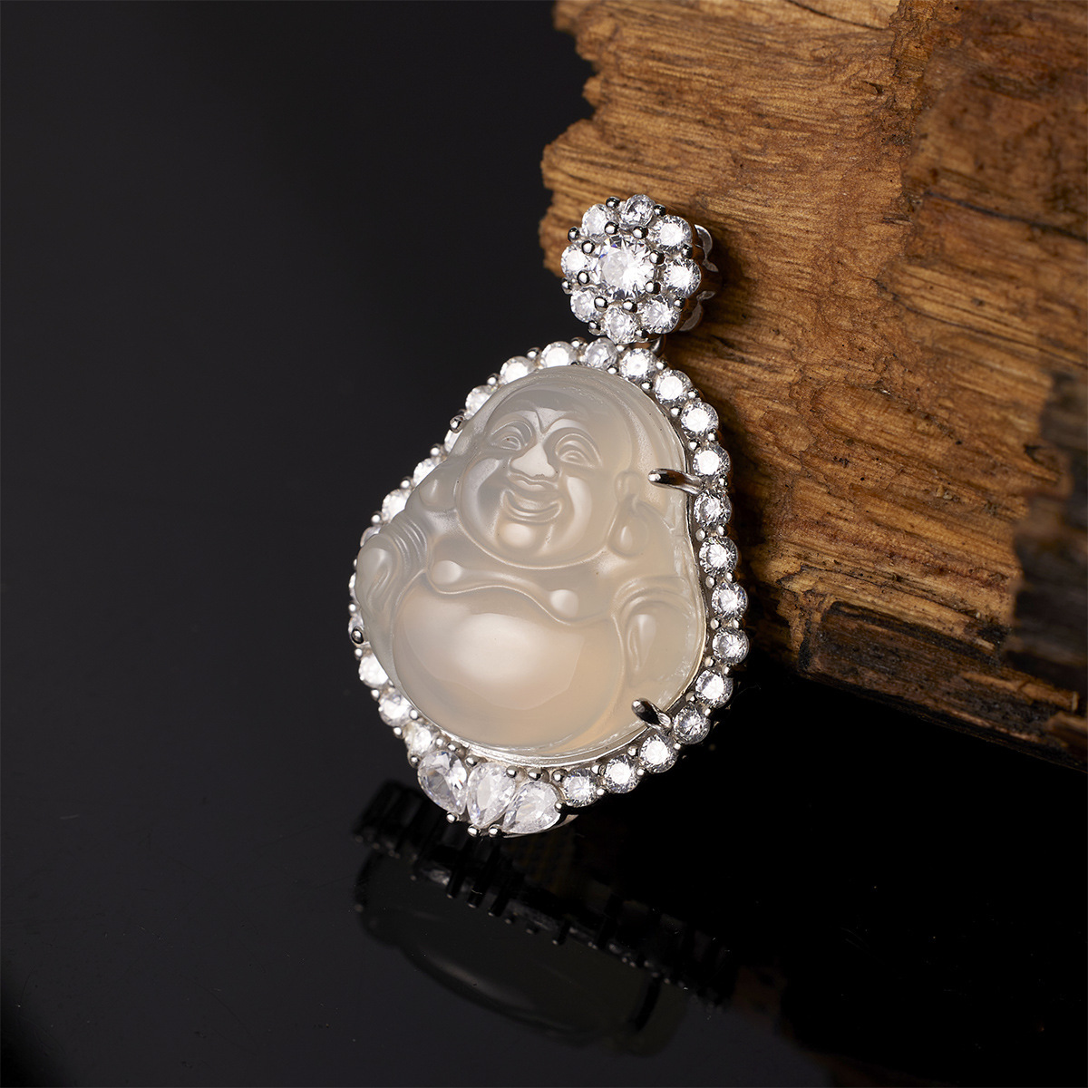 S925 silver inlaid with ice-type white chalcedine, large-bellied Buddha pendant full of diamonds, Chinese trend style Maitreya Buddha sweater chain necklace for women Specification image