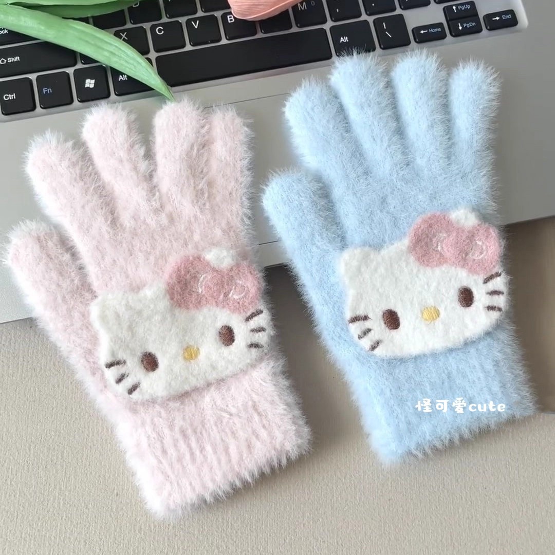kt cat gloves for girls to ride electric bikes in winter are warm, cold-proof, frost-proof, fluffy and cute for students