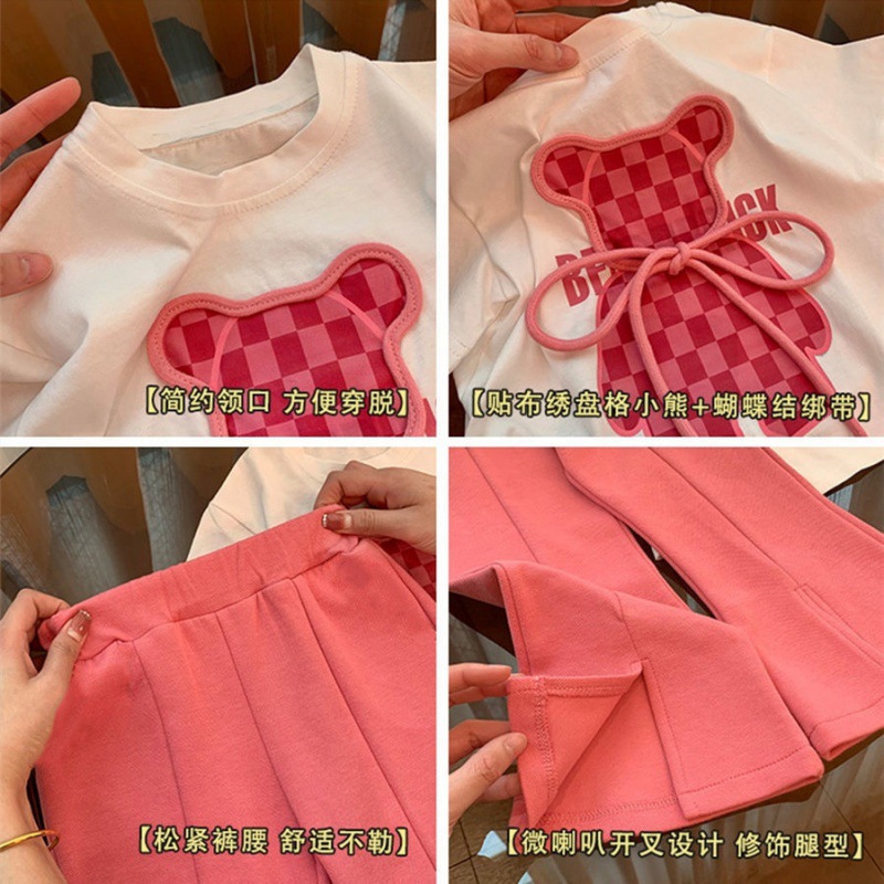 The 2025 Summer Korean cartoon print T-shirt, flared pants and baby's stylish two-piece set is trendy Specification image