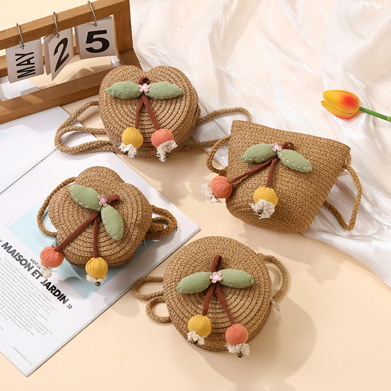 Summer seaside children's bags woven with cute cherries and skirts, vacation straw woven bags, girls' mobile phones, crossbody small bags details Picture