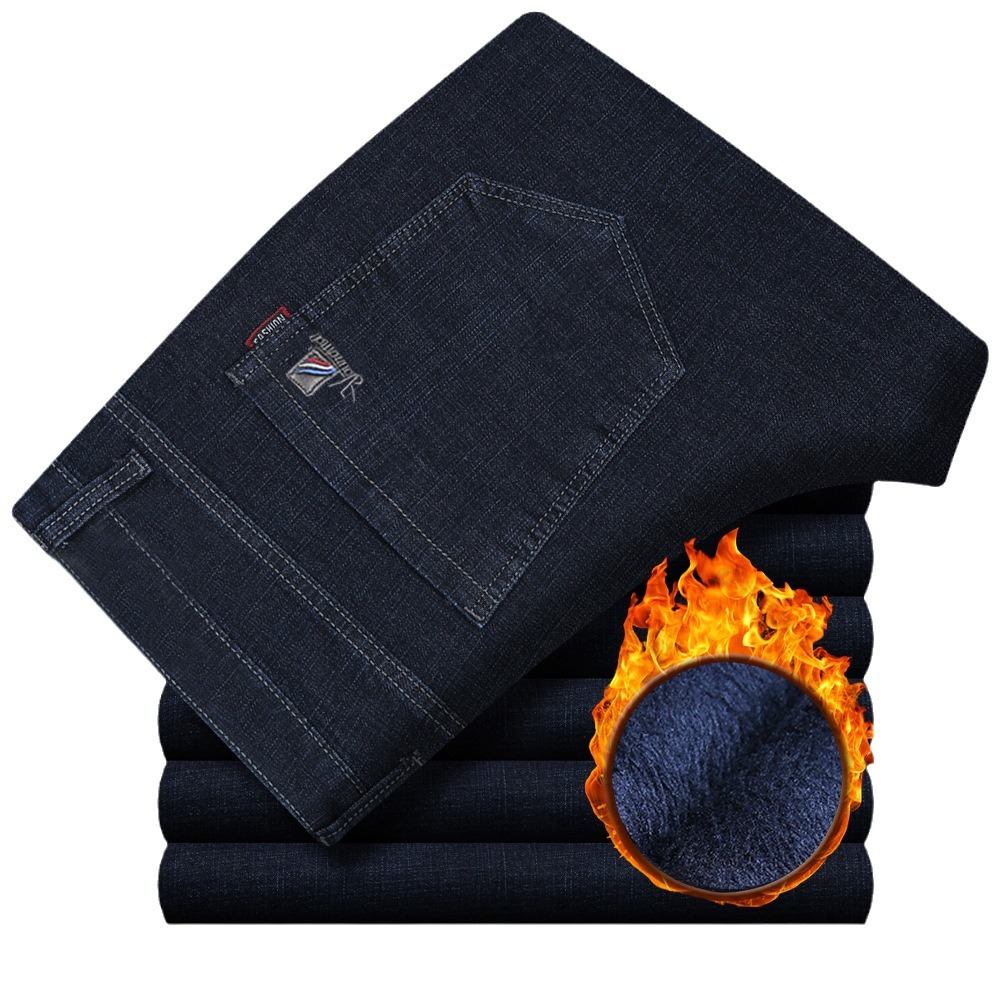 Men's loose, straight, stretch, large-sized warm, fleece high-waisted winter pants for middle-aged and elderly people Item Picture