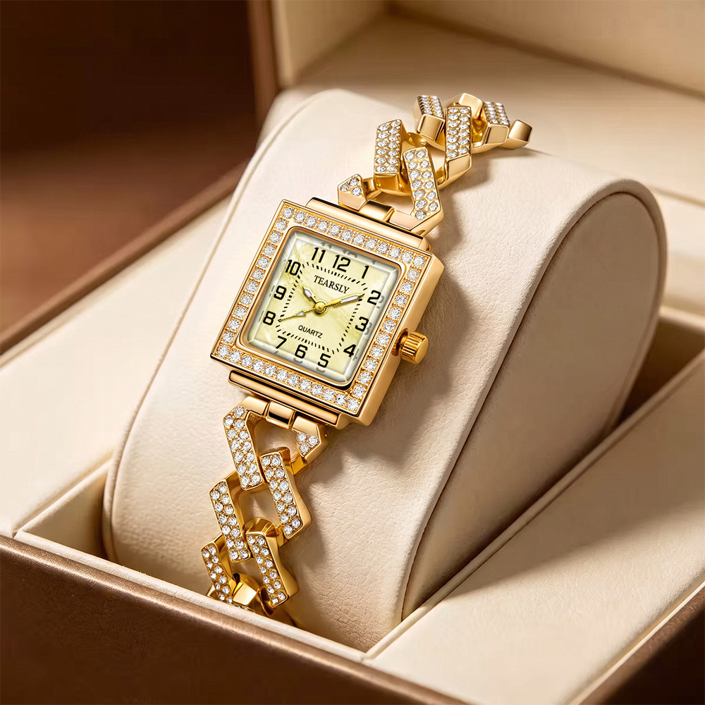 Cross-border bestseller luminous mother-of-pearl women's watch square full diamond British watch Cuban chain watch women's wholesale customization