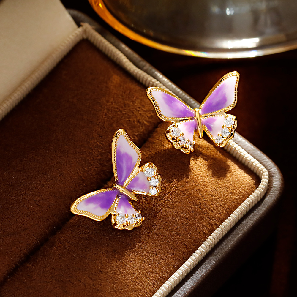 Hyacinth original design enamel drop glaze taro purple butterfly stud earrings ins Small, elegant, sweet and light luxury commuter earrings for women details Picture