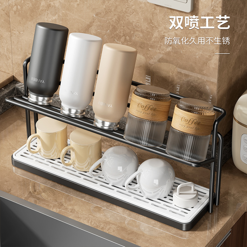 Desktop cup rack, draining rack, water cup, wine cup, glass cup, double-layer ironwork storage rack, home bedroom storage rack Application Scenario