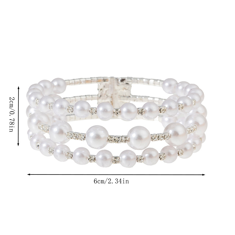 Korean-style fashionable steel wire elastic 3-row bracelet, bride's wedding water diamond pearl open bracelet, cross-border European and American elegant jewelry Specification image