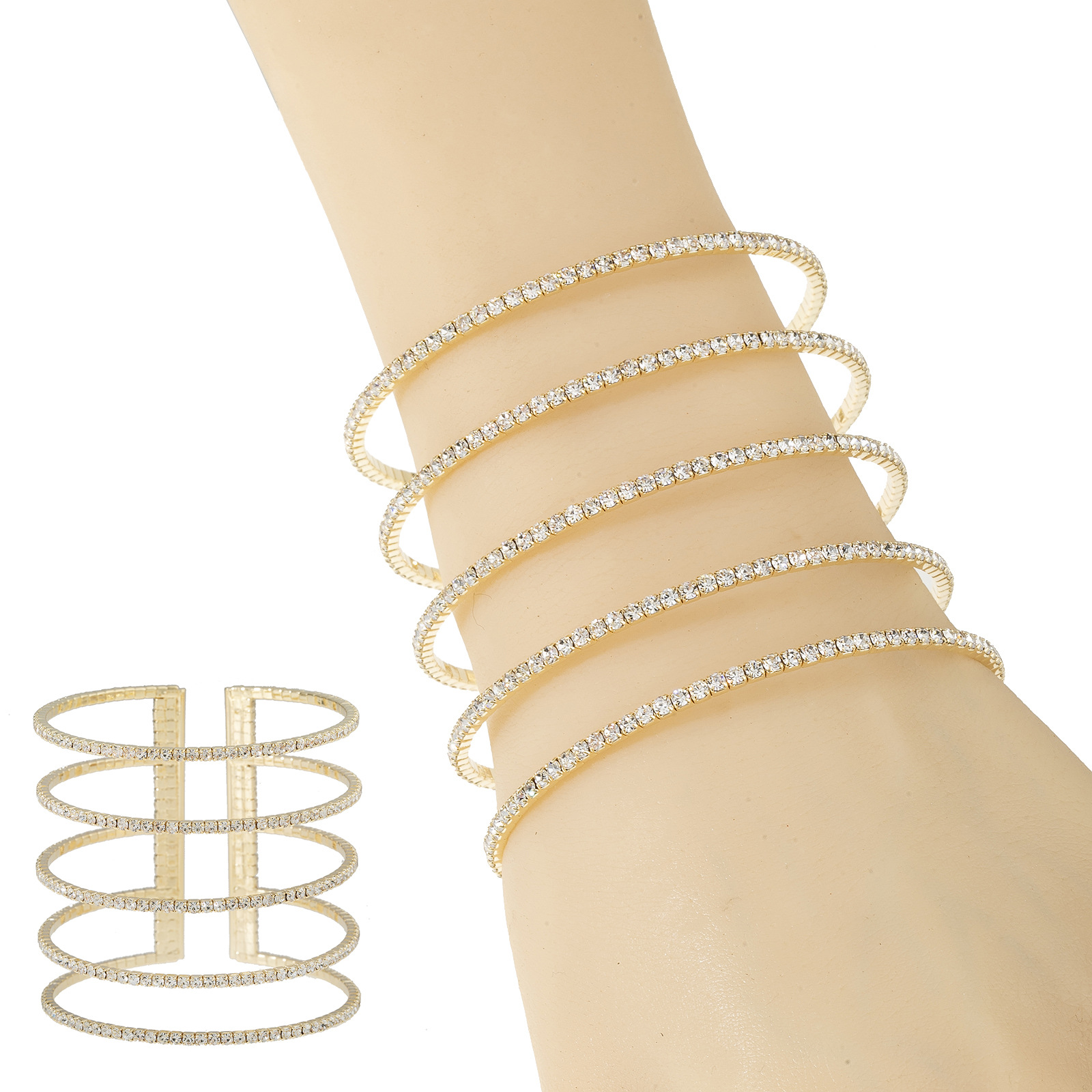 Cross-border foreign trade claw chain jewelry, five-row rhinestone wide and thick bracelet, steel wire elastic open bracelet, exaggerated multi-layer parallel personalized diamond-encrusted jewelry full figure