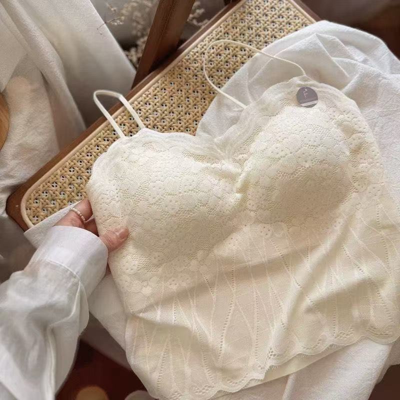 法式内衣女带胸垫性感蕾丝美背吊带防走光抹胸式内搭外穿背心文胸