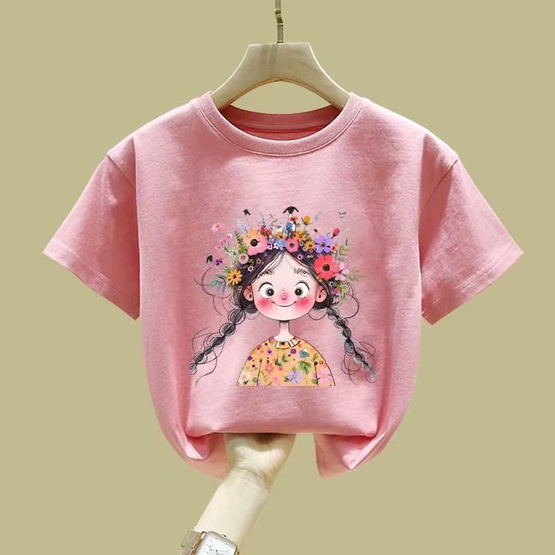 Pink short-sleeved girls' T-shirt, pure cotton, 2025 new style, round-neck half-sleeved summer children's top T-shirt for middle and large children