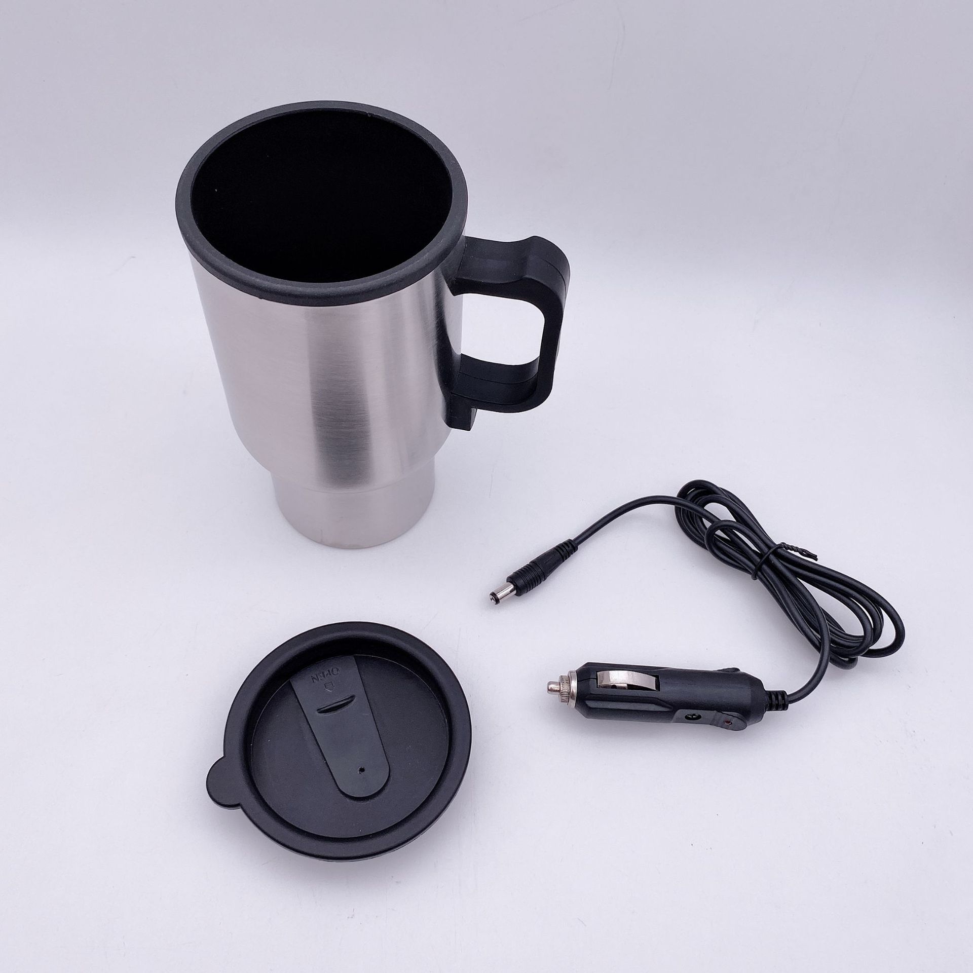 12V inner plastic outer steel car insulated cup, car heating cup, water boiling cup, stainless steel car water kettle details Picture
