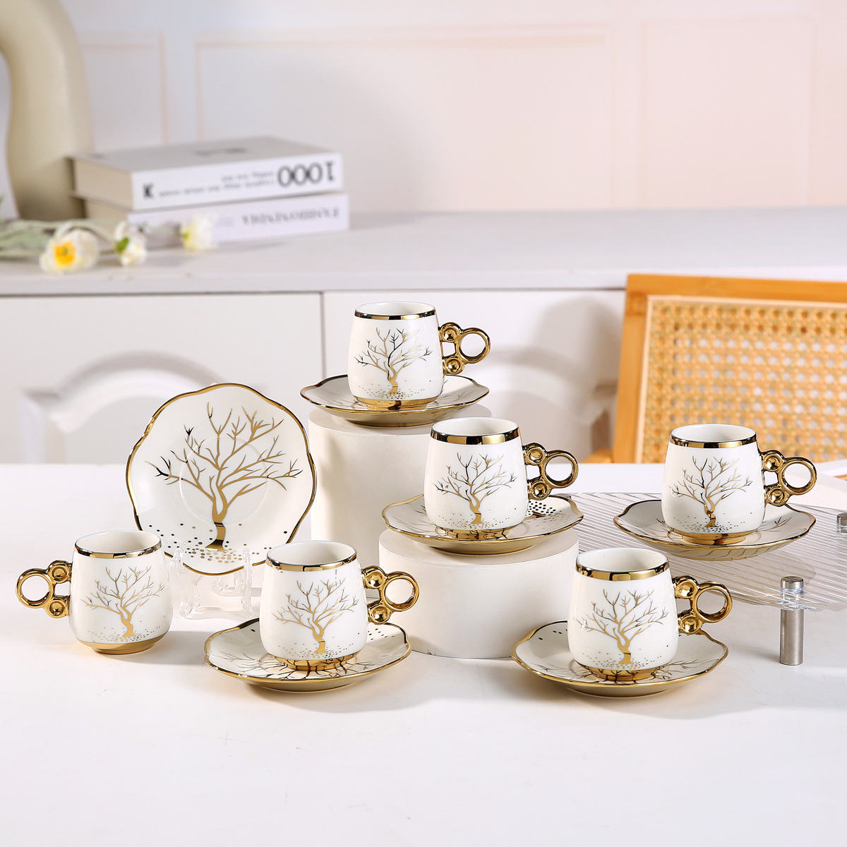 Cross-border European-style electroplated ceramic coffee cups and saucers, Saudi gold-plated six cups and six saucers gift box set event gift pic 4