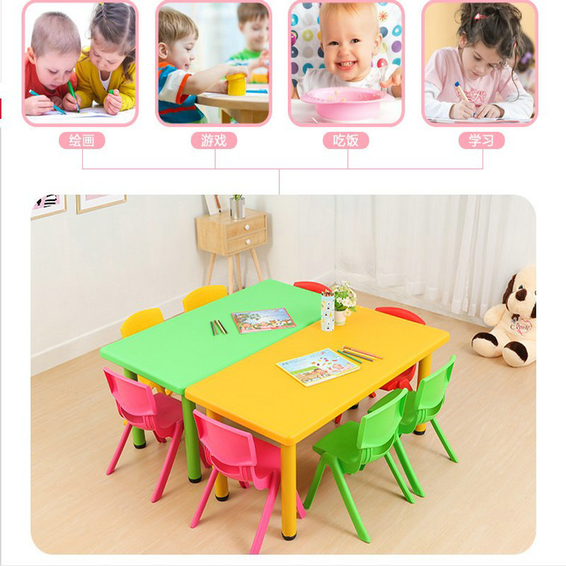 Kindergarten desks and chairs, children's desks, home school desks, baby plastic desks, height-adjustable home rectangular tables, game desks and chairs Application Scenario