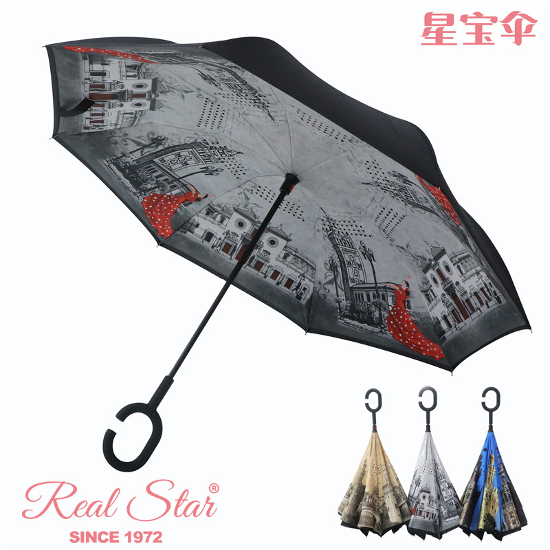 Xingbao reverse umbrella, small-batch customized umbrella, C-shaped handle hand-opening umbrella, European and American export style umbrella, digital printing full image