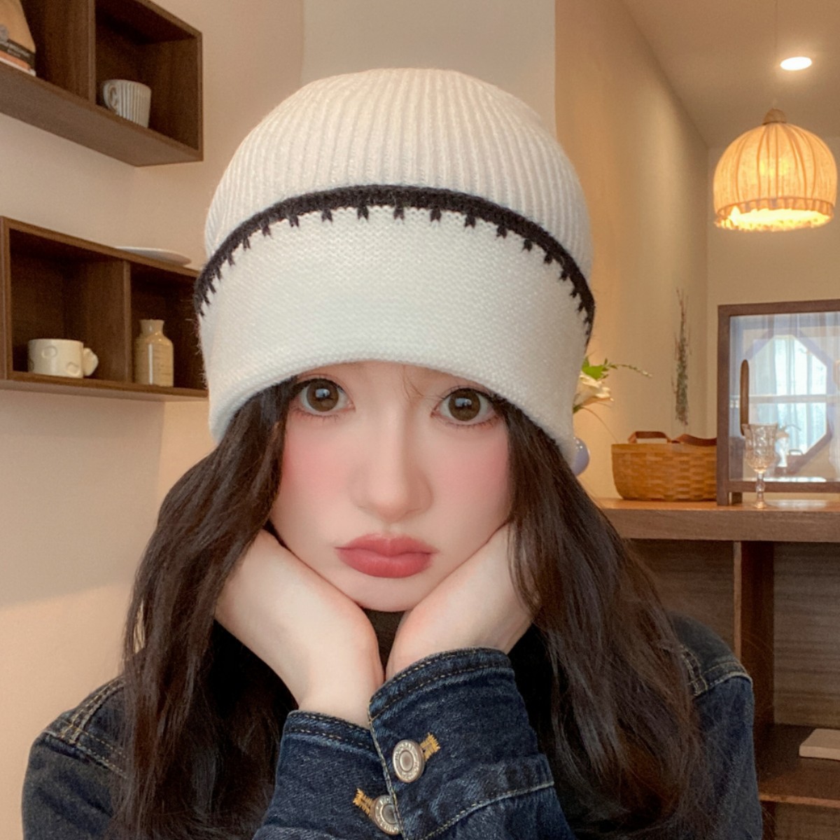 秋冬季网红同款韩版拼色毛线帽秋冬保暖ins风时尚软糯针织帽黑色产品图