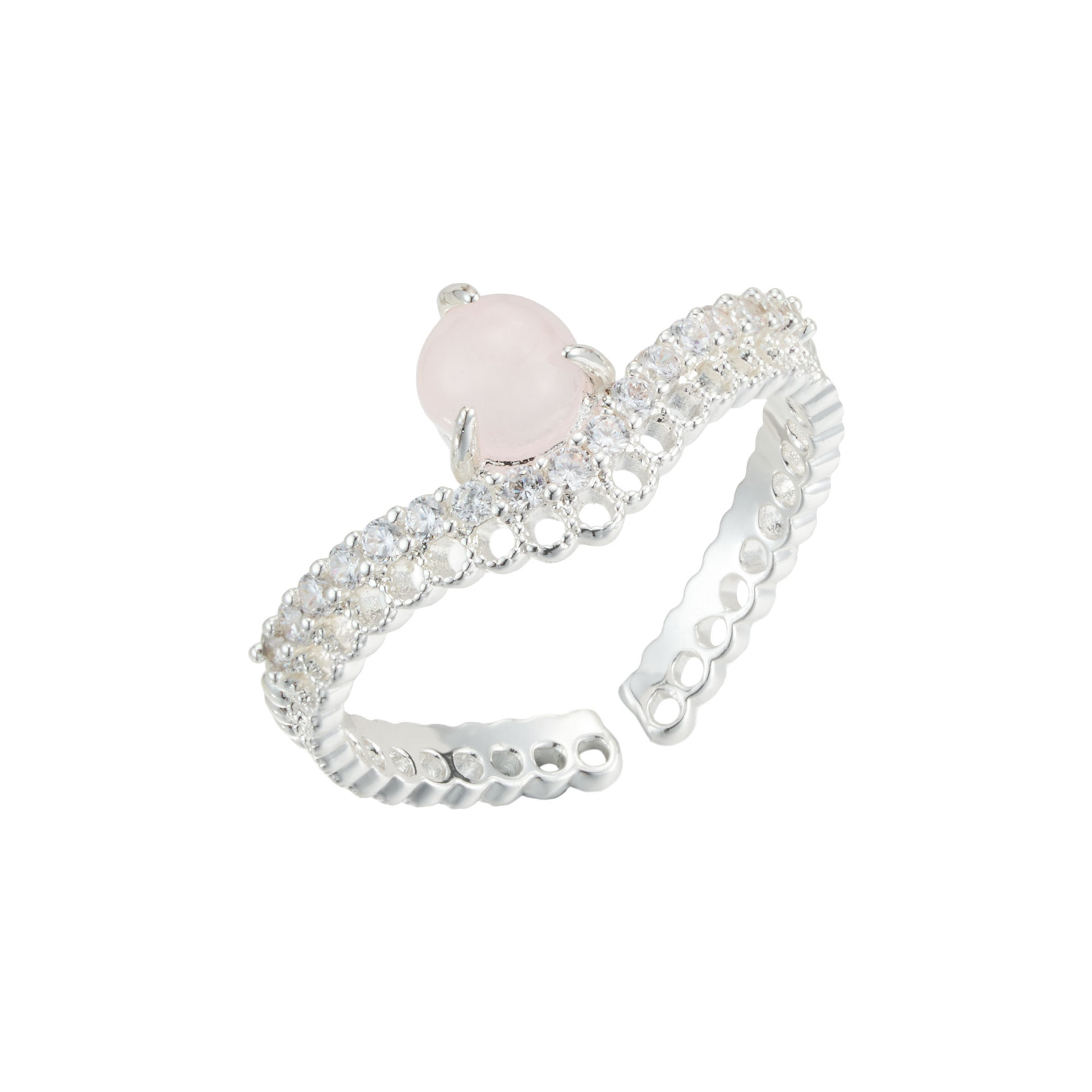 Original factory French sweet rose quartz open ring, copper alloy inlaid zirconium hollowed-out adjustable index finger ring Item Picture