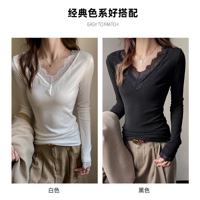 A lace-trimmed V-neck long-sleeved base layer for women, paired with a German fleece, brushed, and slimming design off-the-shoulder T-shirt for autumn and winter details Picture
