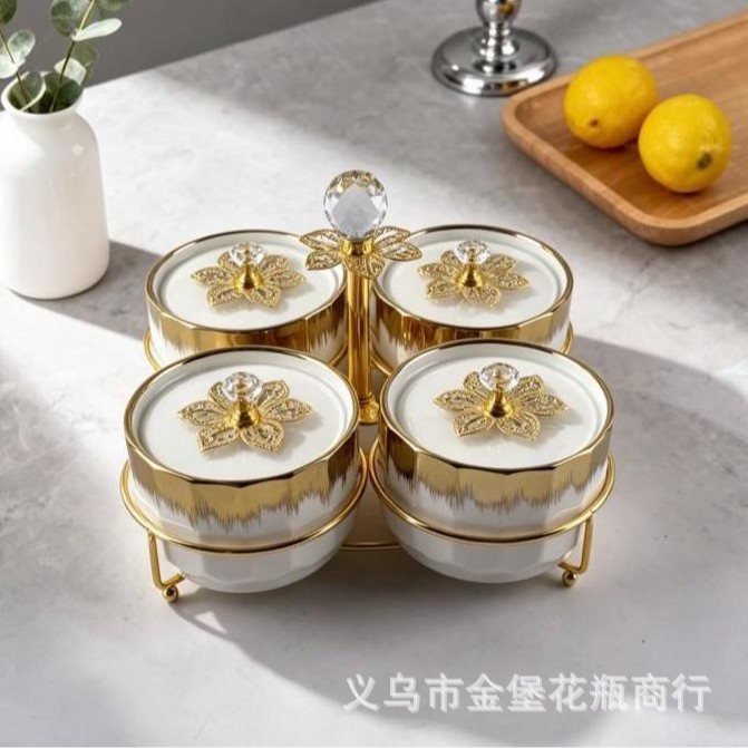 New Chinese-style light luxury ceramic dried fruit box, 3 and 4 compartments, multiple styles of nut cans, hotel and homestay reception snacks storage fruits