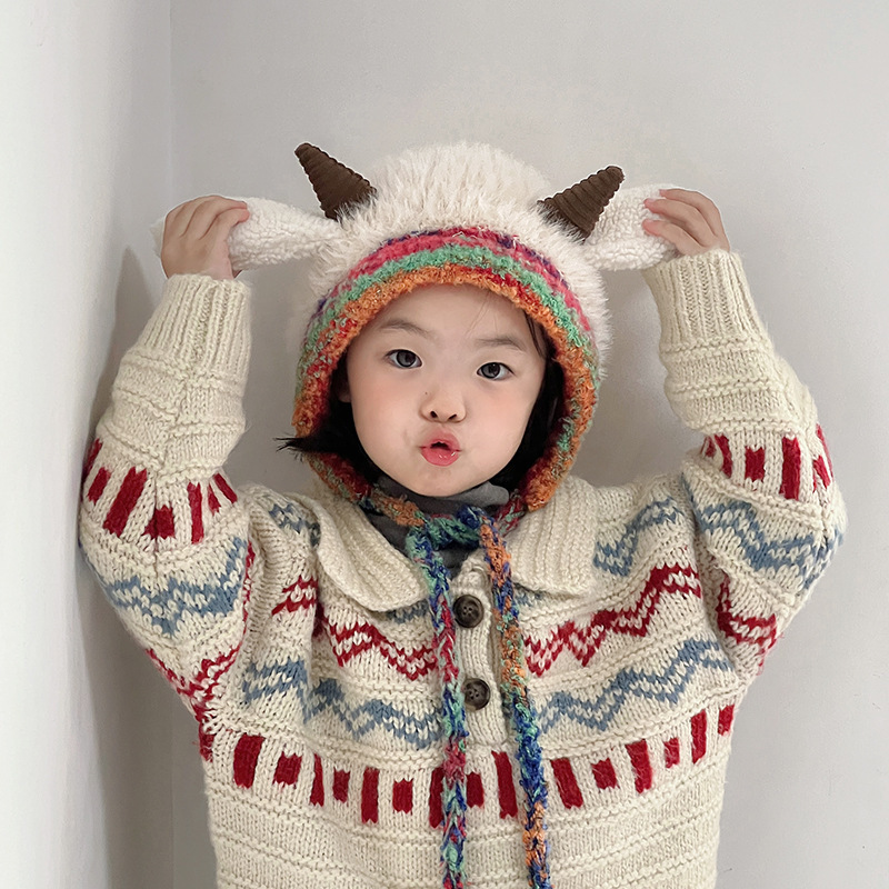 冬季保暖儿童帽子加厚针织毛绒帽男女宝宝可爱牛角护耳套头毛线帽产品图