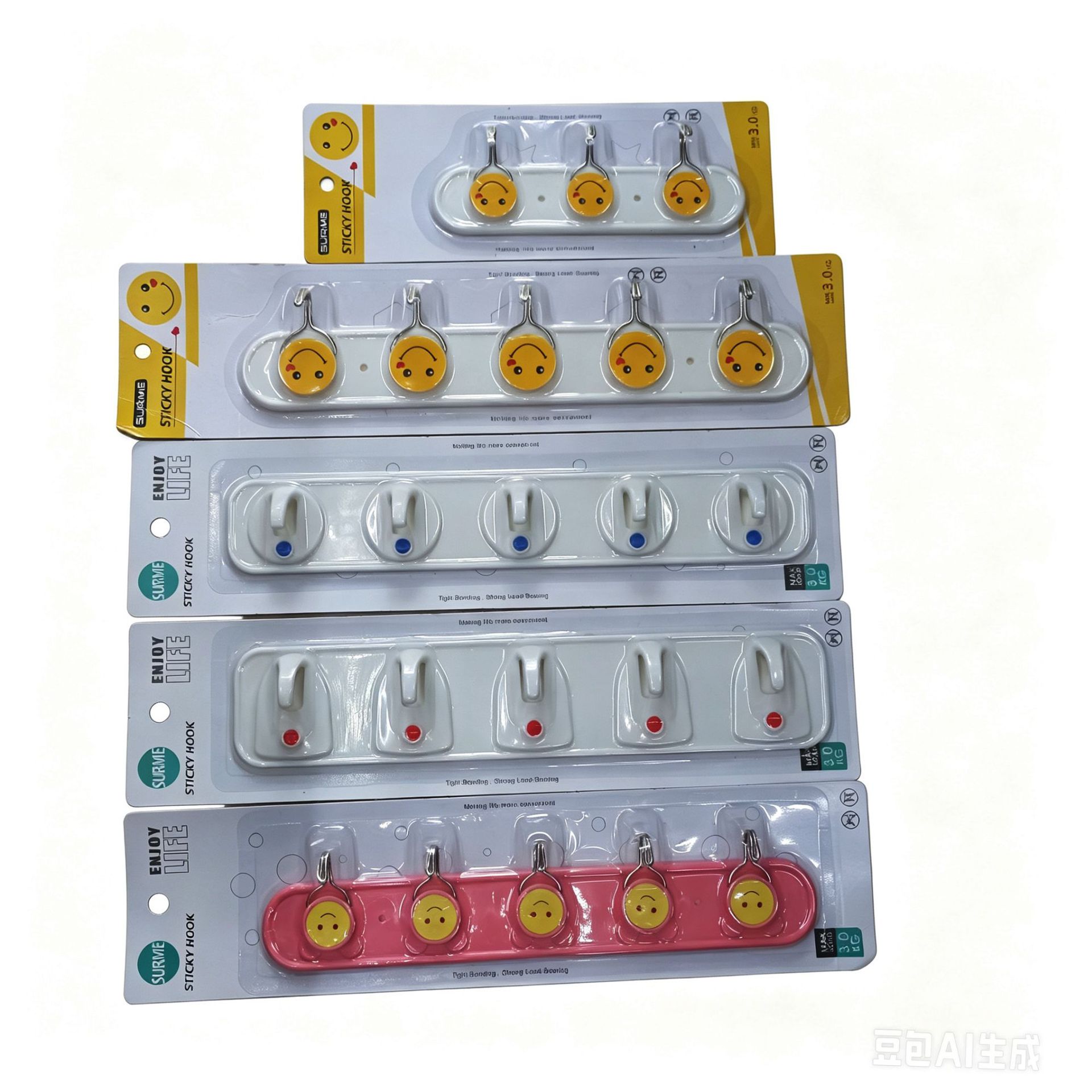 Cartoon smiling face row adhesive hook, nail-free 3/5 row hook, perforation-free portal coat hook wholesale RS-500985 details Picture