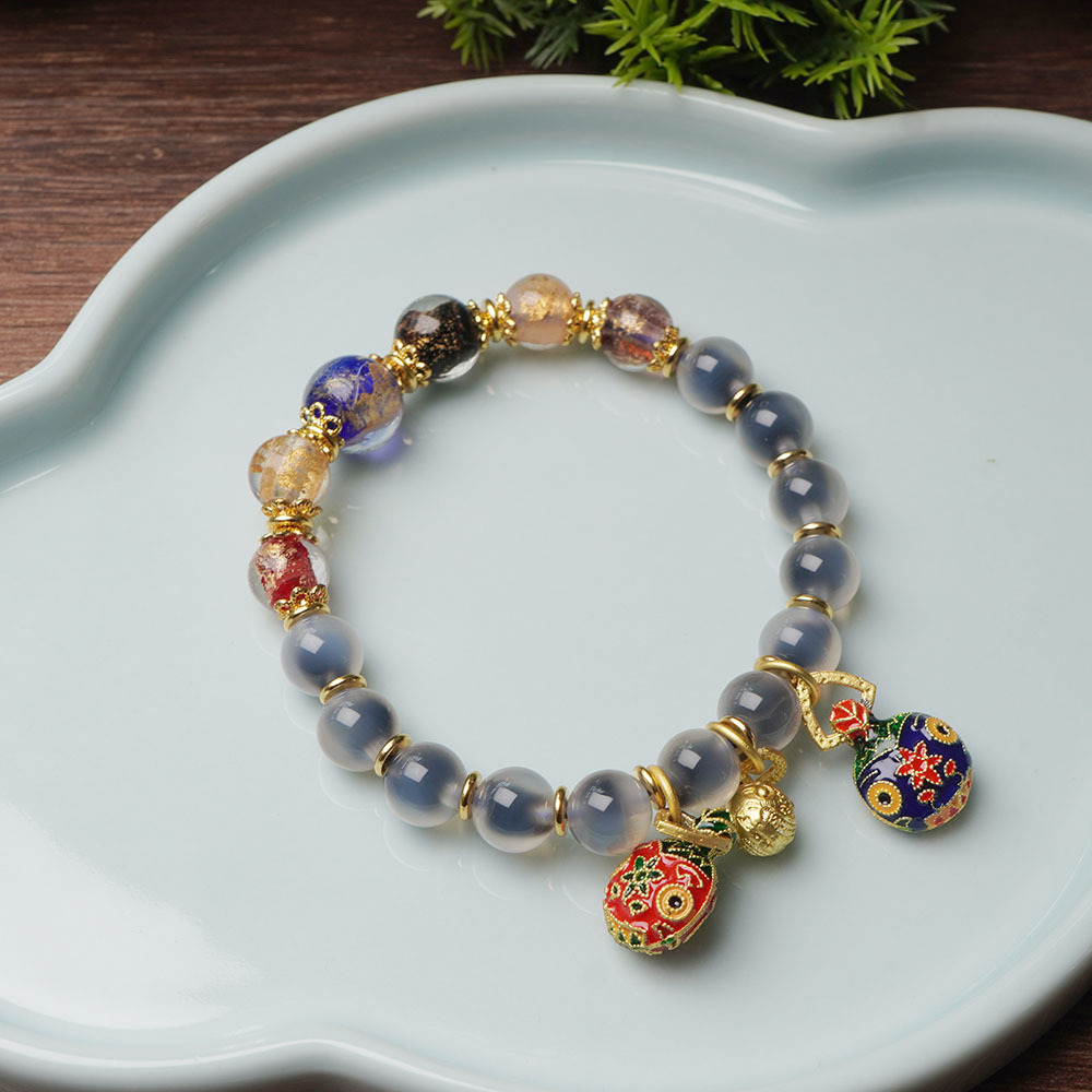 Natural sugar heart agate gold foil glass beaded bracelet for women, retro gold-devouting beast pendant, cultural play bracelet, accessories