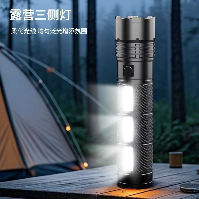High-intensity flashlight, colorful digital display screen, camping three-side light, multi-speed light source, extendable and adjustable high beam flashlight