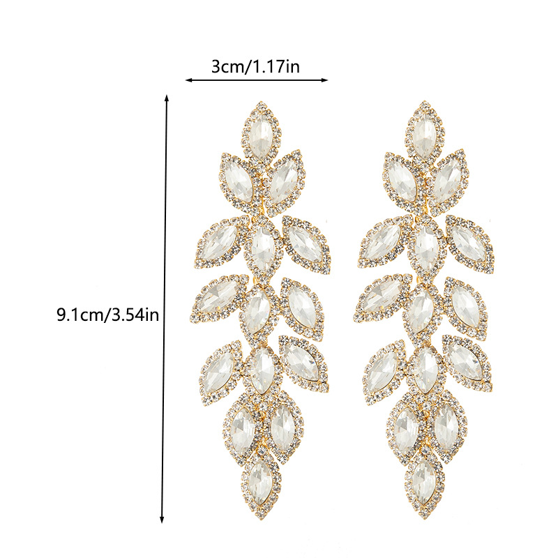 Amazon best-selling diamond Earrings, European and American exaggerated full rhinestone leaf-shaped long claw chain earrings accessory Earrings versatile accessory for women Specification drawing