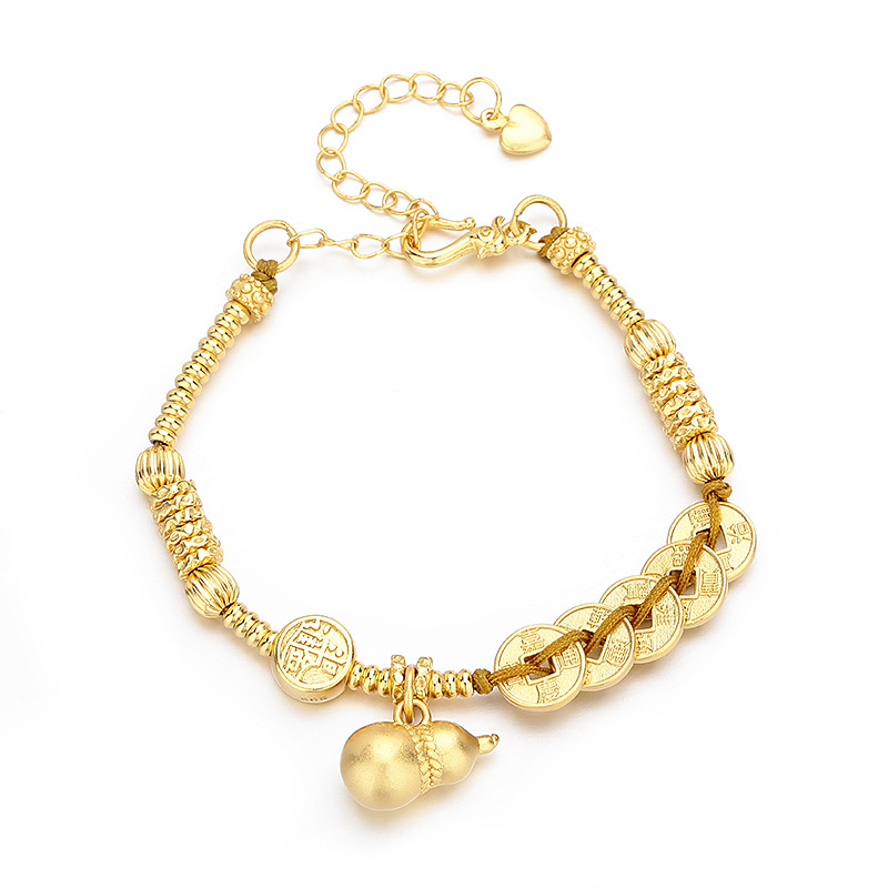 Retro Five Emperors coin sand gold bracelet, new Chinese-style fashionable gourd pendant, coiled light luxury jewelry, handcrafted Chinese style Item Picture