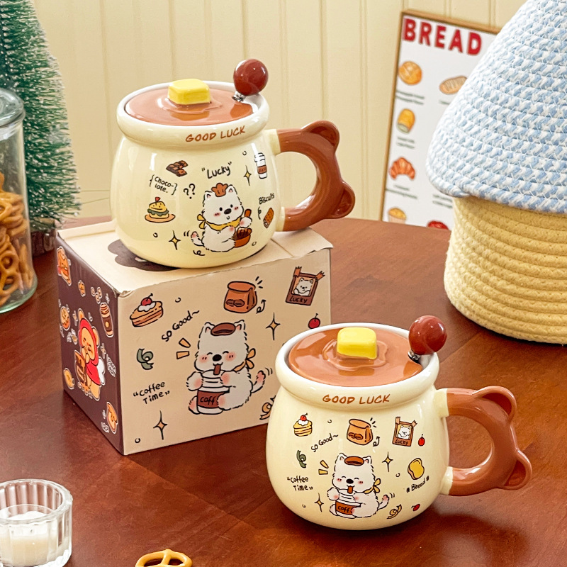 Xigaodi Puppy Ceramic Cup with Lid Spoon, high appearance level for girls, home and office mug, Birthday gift, Souvenir details Picture