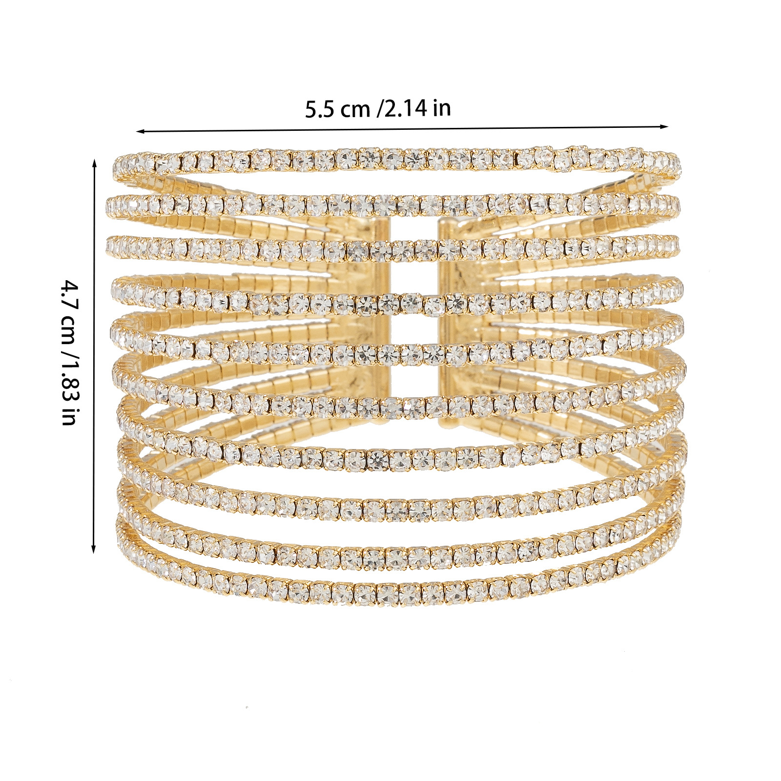 This is a new cross-border 10-row claw chain bracelet from Europe and America. It features exaggerated multi-row water diamonds and steel wire with elastic openings. It is a versatile accessory for brides, wedding banquets, and party gowns Specification image