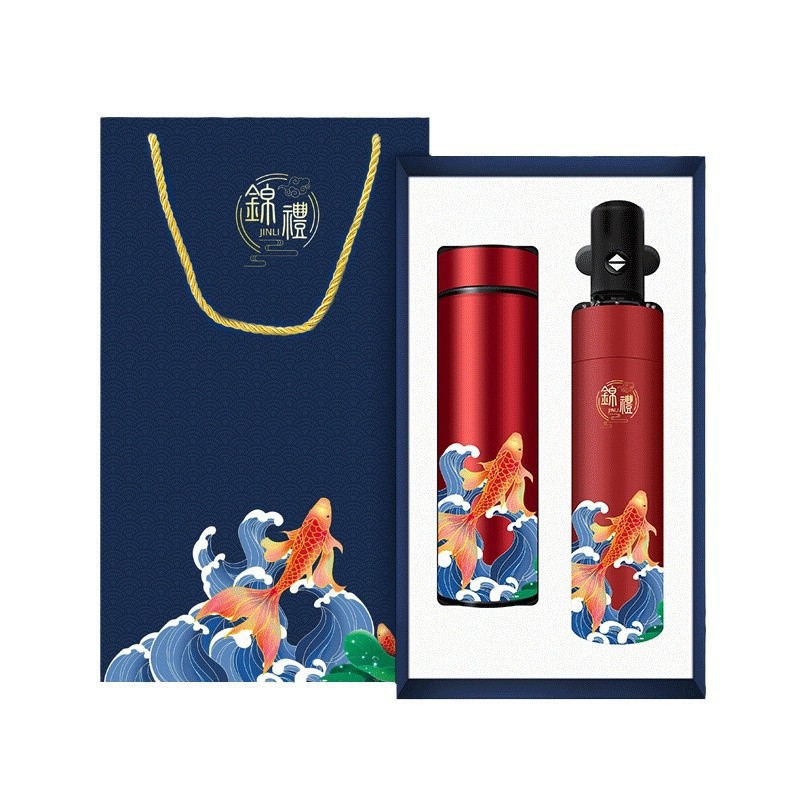 国潮锦鲤汽车杯保温杯套装礼盒手提袋温度计钛杯水杯