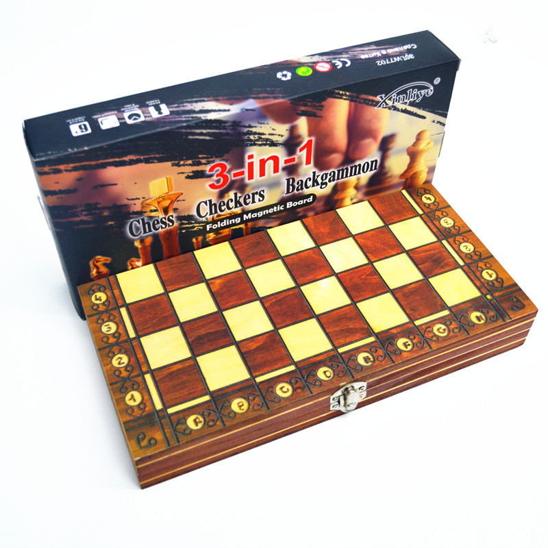 Factory direct sales of wooden magnetic chess 3-in-1 set portable foldable puzzle and competitive board game toys