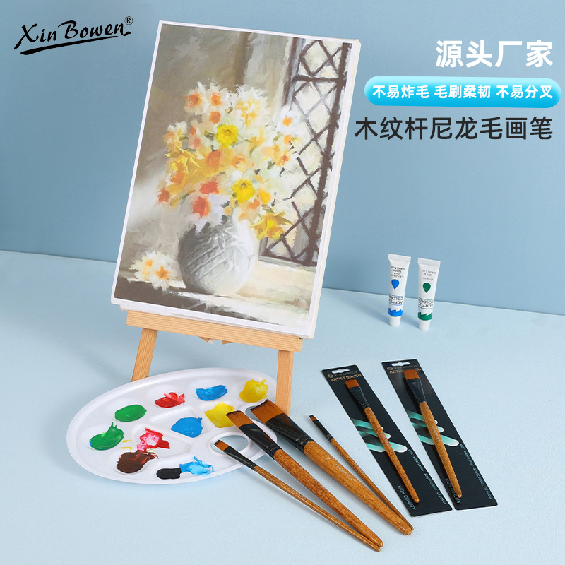 Wood grain stem flat-peak nylon brush oil painting brush, aluminum tube acrylic single-barrel painting brush, art studio watercolor pen wholesale details Picture