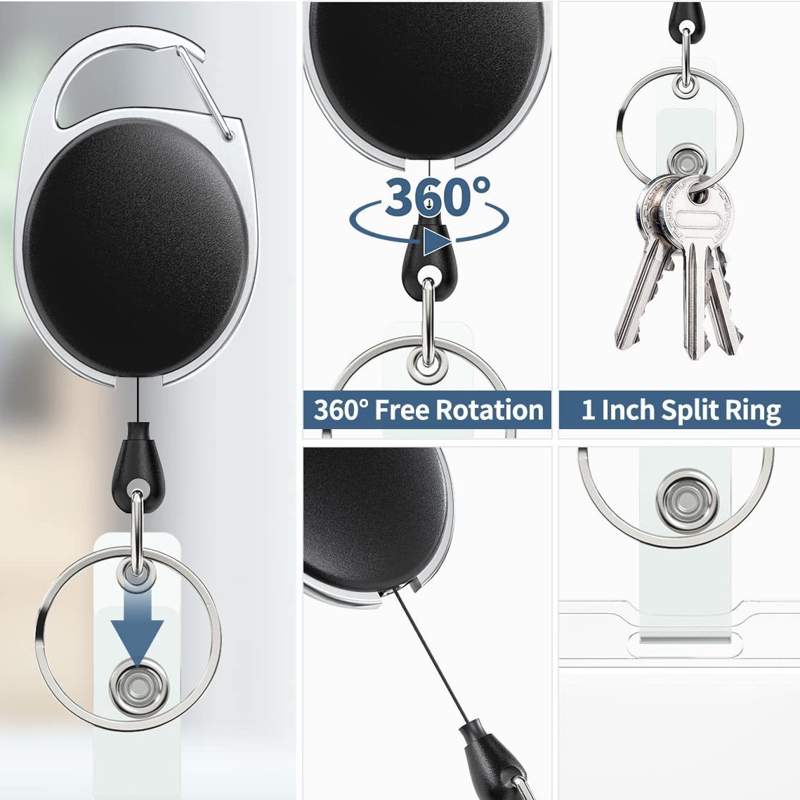 Oval with a back clip, retractable ID card holder, keychain, double-sided work ID card, black push-fit card holder set Specification image