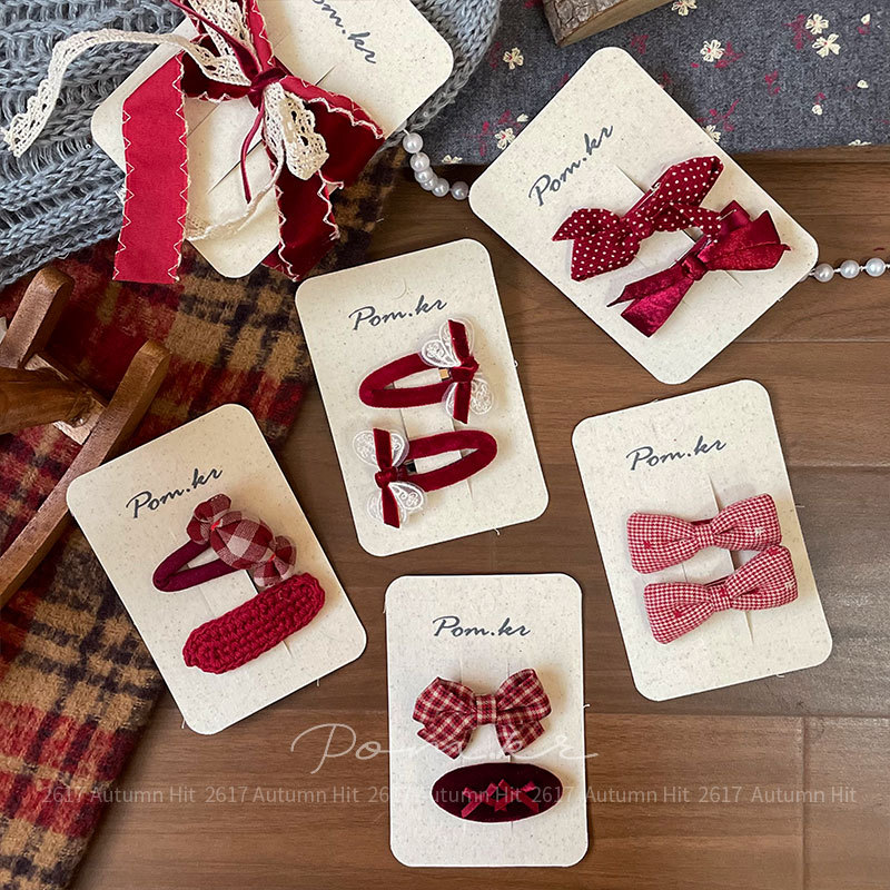 New Korean-style red bow hair clips, children's fabric handcrafted side fringed bangs clips, sweet edge clips for girls, Pom.kr wine red bow hair clips, check polka dot multiple styles, sweet daily life for girls in autumn and winter Application Scenario