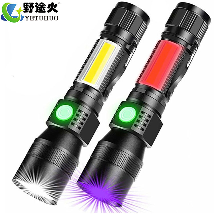 USB charging fluorescent agent detection flashlight, red light, white light, purple light, COB strong light focusing flashlight, 7 functional magnets Item Picture