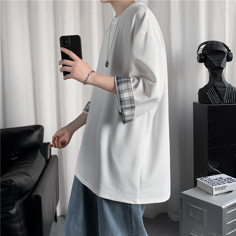 Ice Silk short-sleeved men's summer thin trendy brand cool and drape T-shirt, Hong Kong style loose, bf lazy style patchwork 7 3/4 sleeve Specification image