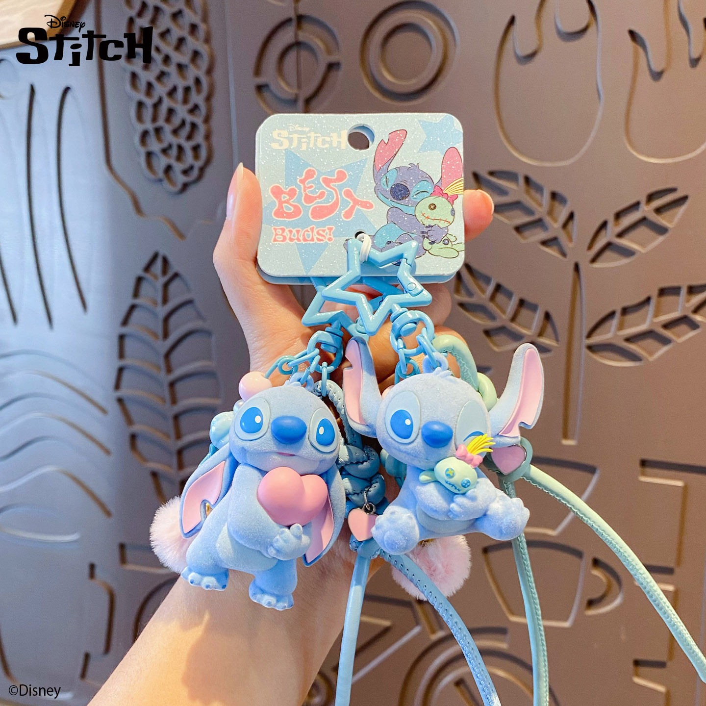 Authentic cartoon Stitch plush heart hug keychain, exquisite and cute doll doll, couple bag pendant details Picture