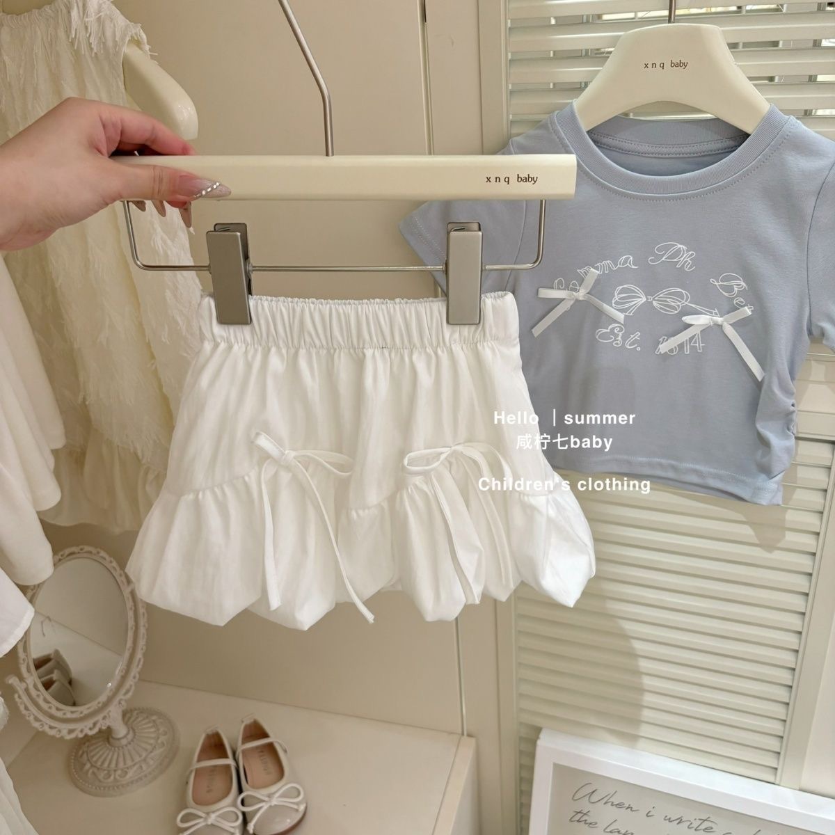 Girl korean edition set verano 2025 nuevo niño lazo manga corta camiseta falda de dos piezas Specification image