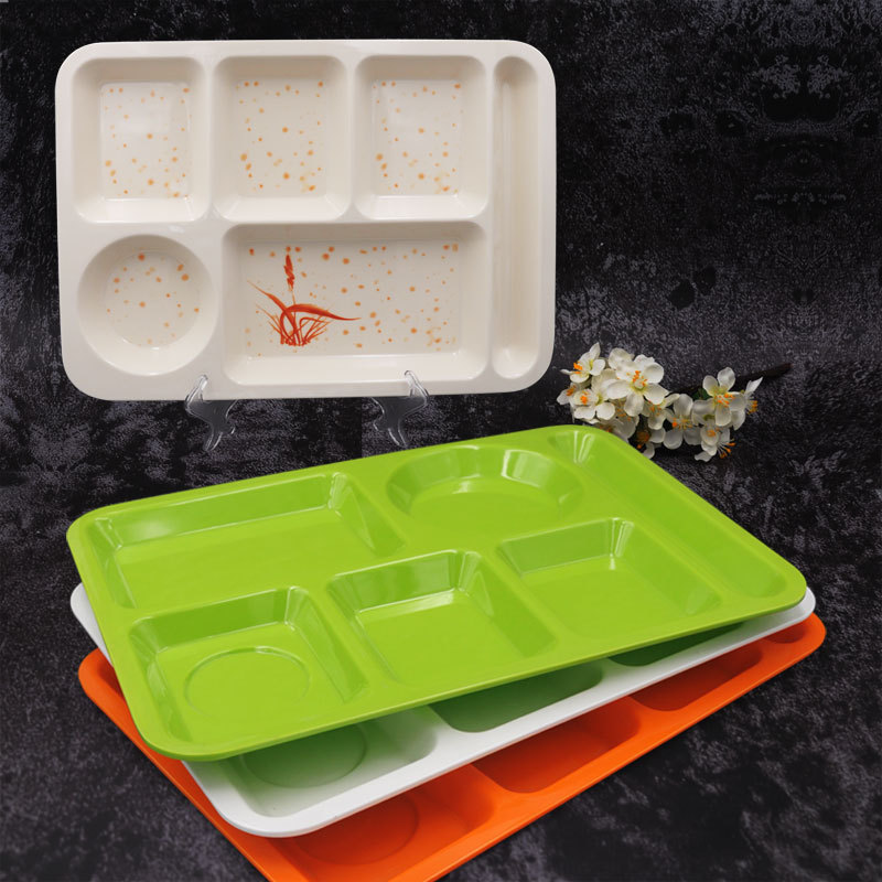 食堂快餐盘密胺餐具 长方形六格餐盘A5仿瓷中餐盘分格盘厂家批发